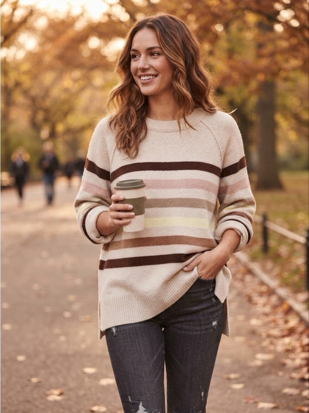 Aerie Cozy Multicolor Stripe Crewneck Sweater Cream Size XL